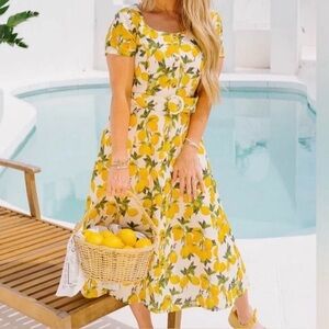Ivy City Co Meredith Midi Dress In Lemons 4 Belted Cotton Pin Up Classic NWT